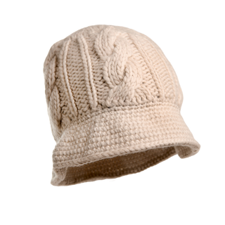 The Nostrand Hat is a beige cable knit hat featuring a wide brim, crafted from thick and warm merino wool. It is perfect for your winter wardrobe and offers a relaxed, slouchy fit ideal for cold weather.