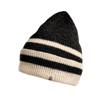 The McGuinness Hat is a modern beanie with a ribbed texture, designed with alternating black and white horizontal stripes, and crafted from 100% wool. It seamlessly blends traditional knitting techniques with contemporary style.