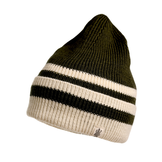 The McGuinness Hat is a contemporary beanie showcasing alternating dark green and off-white stripes with a ribbed texture. Crafted entirely from 100% wool, it features a folded brim and a small logo patch near the edge. The beanie is presented against a plain black background.