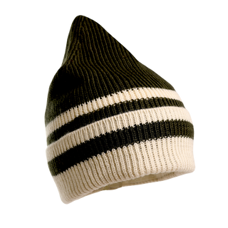 The McGuinness Hat, made of 100% wool, is a modern beanie characterized by evenly spaced horizontal stripes in dark green and white around its circumference, and it features a distinct pointed peak on top.