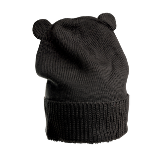 The Bear Cub Ears Hat in black features two small, round fabric ears on top and a wide, ribbed turn-up cuff at the bottom. Made from a soft and slightly textured knit material, this beanie is the perfect winter accessory against its plain white background.