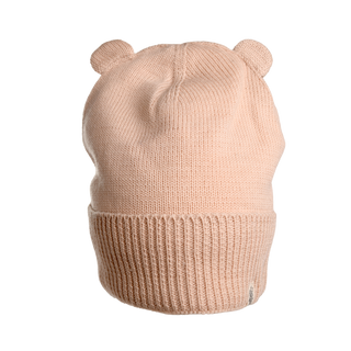 A light pink Bear Cub Ears Hat with two small, round ear-like protrusions on top. This cozy winter accessory features a ribbed fold-over brim and is crafted from soft Merino wool, making it plain yet elegant without any visible logos or patterns.