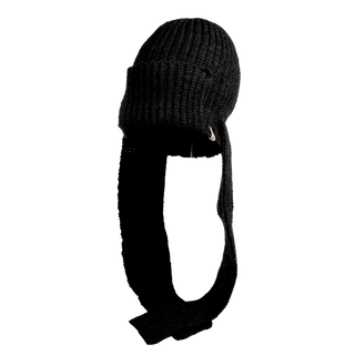 The Pelham Hat, a black knitted balaclava made from merino wool with an extended neck covering, is displayed against a white background. This beanie-style headpiece features a wrapped design with openings for the eyes and is hand-knit in Nepal.