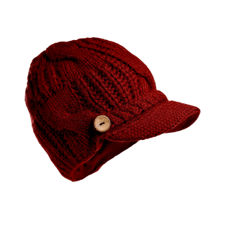 The Broadway Hat is a cozy, red, knitted cap with a visor and a wooden button on the side. This cable knit hat features a textured pattern, making it the perfect winter essential.