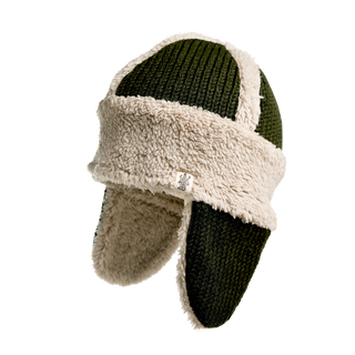 The Arthur Hat is a green knitted winter hat with a beige Sherpa Fleece lining. It features a flap that covers the ears and part of the forehead for added warmth.