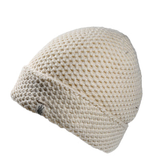 Off-white Hand Knit Baltic Hat in wool with a folded cuff, faux shearling lining, and a small woven tag on the front.