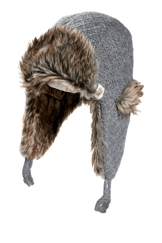 Handmade in Nepal, this grey Hand Knit Fern Hat features a brown faux fur lining and ear flaps with ties.