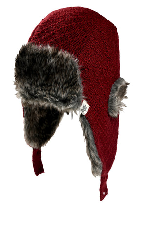 Hand Knit Fern Hat in dark red wool with faux fur lining, ear flaps, and a cozy winter essential design.