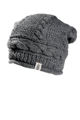 The Gateway Hat is a gray knitted wool hat featuring a textured cable knit pattern and a small logo tag on the ribbed brim. It’s designed for cold weather, shown against a plain white background.