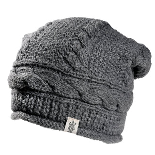 Hand Knit Gateway Hat in grey wool with a cable-knit pattern and a small rectangular brand tag on the brim.