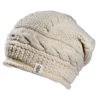 Off-white Hand Knit Gateway Hat in cable knit wool with a small tag featuring a line-art illustration at the cuff.