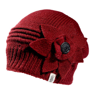 Hand Knit Monroe Hat in deep red wool, featuring a large fabric flower accent with a central black button.