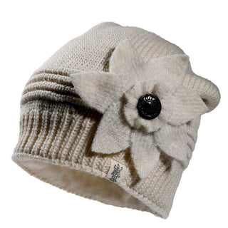 Hand Knit Monroe Hat in beige wool featuring a large felt flower accent with a black button center and a faux shearling lining.