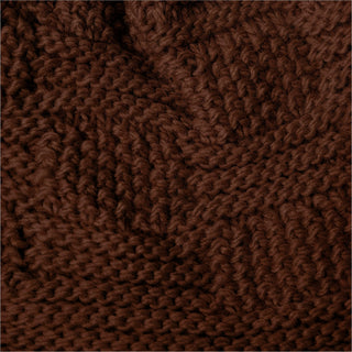 Close-up of the Hand Knit Sena Hat reveals rich brown yarn with distinct stitches and a textured pattern, reminiscent of traditional hand knitting. The thick, soft wool creates a cozy surface, while the knitting style forms subtle wave-like designs across the hat.