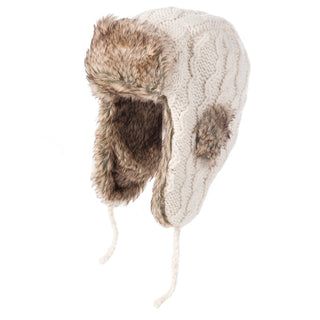 A white Cable Knit Russian Hat with a faux fur lining.
