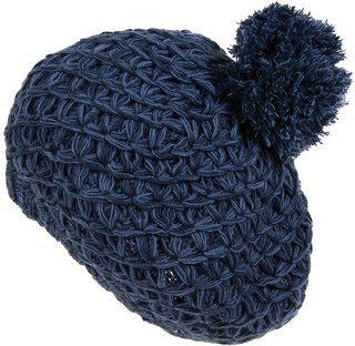 A handmade in Nepal knitted navy blue beret with a pompom on top.
