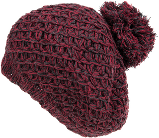 A handmade in Nepal maroon knitted beret hat with a pom-pom on top.