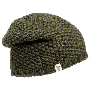 A handmade beanie in olive green, knitted with the Marich Pattern Long Pull On Cap.