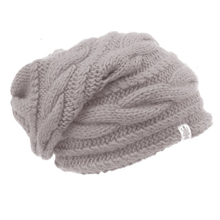 A Triple Braid Cable Slouch beanie featuring water-resistant technology on a white background.