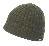 A close-up of the Hand Knit Clyde Rib Fold Cap in olive green, featuring a ribbed-knit texture and a folded brim, is shown on a white background. A small white tag is attached to the edge of the brim.