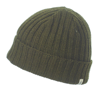 The Clyde Rib Fold Cap is an olive green, ribbed knit beanie with a folded brim, made from soft merino wool and shown from the side against a white background.