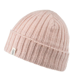 The Clyde Rib Fold Cap is a light pink ribbed knit beanie winter hat with a folded brim and a small white tag on the edge, shown on a white background.