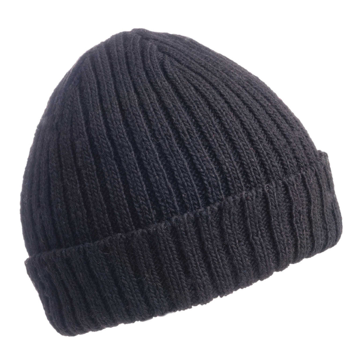 The Hand Knit Clyde Rib Fold Cap, a dark-colored ribbed-knit beanie with a folded brim, is displayed against a white background.