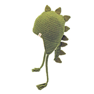 A green crocheted DinoTail hat on a white background.