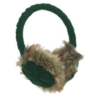 The Cable Knit Adjustable Earmuffs With Faux Fur feature a dark green knitted headband and ear coverings partially covered in brown faux fur.