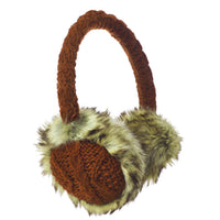 A pair of Hand Knit Cable Adjustable Earmuffs with brown knitted ear coverings and a matching knitted band, trimmed with light gray faux fur around each ear covering for added warmth and style.