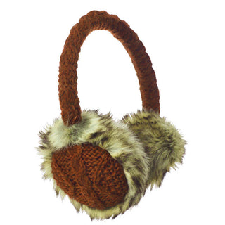 The Cable Knit Adjustable Earmuffs With Faux Fur feature brown knitted bands and ear covers, accented with fluffy light green and brown faux fur—a stylish and cozy winter accessory.