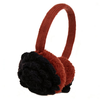 Camellia Earmuffs: Women's red earmuffs with a matching headband and black flower-shaped knit accents on each cover—stylish and perfect for chilly days.