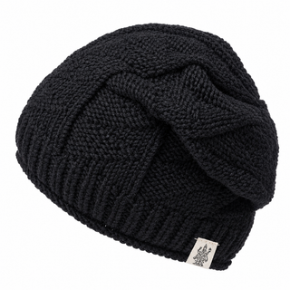 The Hand Knit Wave Slouch is a black hand loom knit beanie with a ribbed band, textured pattern, and small white logo tag, shown on a white background.