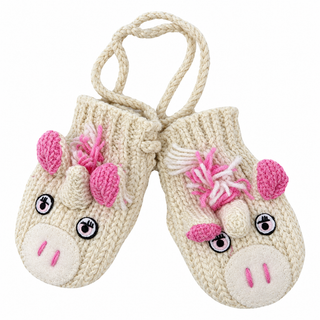 Hand Knit Unicorn Mittens—cream, handmade in Nepal, connected by a string with pink ears, yarn manes, and embroidered eyes and nostrils for a magical touch.