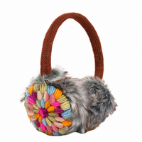 Hand Crochet Kaleidoscope Earmuffs feature a brown knitted adjustable band, one colorful crochet ear pad, and one soft gray faux fur ear pad, all set against a white background.