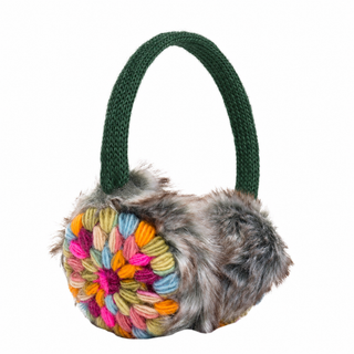 Hand Crochet Kaleidoscope Earmuffs with adjustable green knitted band, multi-colored yarn floral pattern on one side, and gray faux fur lining on the other, set against a white background.