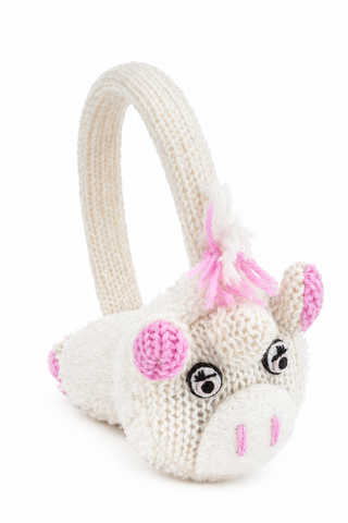 Hand Knit Unicorn Earmuffs: handmade in Nepal from hand-knit wool, white with pink accents, embroidered eyes, and a soft texture.