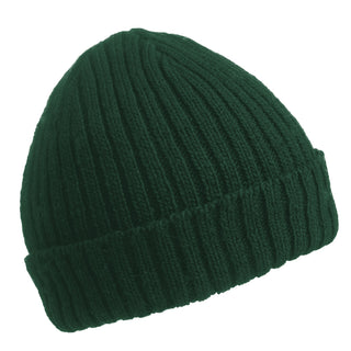 The Clyde Rib Fold Cap is a dark green, ribbed knit winter hat with a folded brim, made from soft merino wool and displayed on a white background.