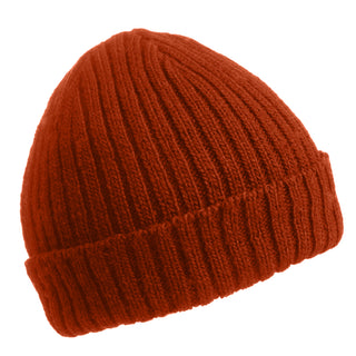 The Clyde Rib Fold Cap, a plain red ribbed knit beanie with a folded brim, is displayed against a white background.