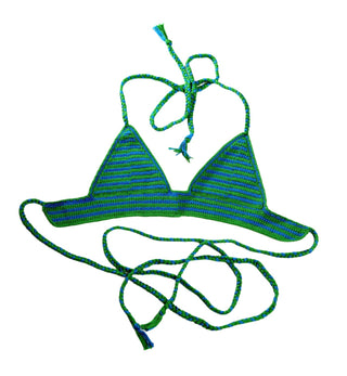 Introducing the Bikini Top - Stripes: a hand-crocheted masterpiece in green and blue stripes. It showcases triangular cups and adjustable ties at the neck and back, adorned with fashionable tassel ends for an extra stylish flair.