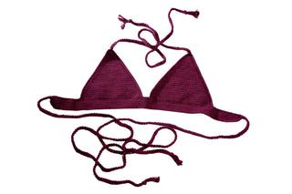 Introducing the Bikini Top - Solid: a maroon, hand-crocheted piece with braided straps and a triangle cup design. This stylish bikini top features long, thin strings for tying around the neck and back, making it a perfect addition to your summer wardrobe against a white background.