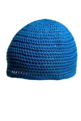 A "Male Beanie" in blue is displayed against a white background. The hand-crocheted hat features a simple, tightly-woven pattern with small gaps between the stitches. It has a rounded shape and appears to be part of the summer collection.