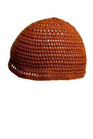 A Male Beanie in brown, hand-crocheted, is displayed against a white background. The intricate stitching pattern is visible, with small gaps within the weave, forming a textured surface that gives the hat a snug, fitted appearance. Perfect for your summer collection.