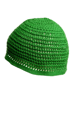 The Male Beanie from our summer collection is displayed against a white background. This green, hand-crocheted hat features a woven pattern with small holes, highlighting the intricate crochet work.