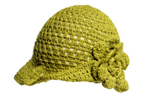 The One Side Turned Up Hat is a green crocheted hat featuring a wide brim and adorned with a large, matching flower on one side. The hat is displayed against a white background.