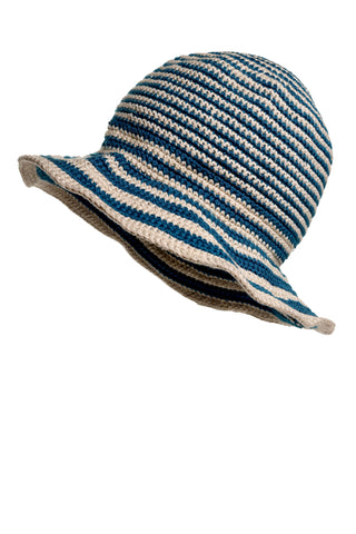 The Stripped Sun Hat is displayed against a white background, showcasing its wide brim and horizontal stripes in alternating blue and beige colors.