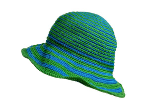 This Stripped Sun Hat features a blue and green knitted fabric with an alternating stripe design and a wide, slightly floppy brim.