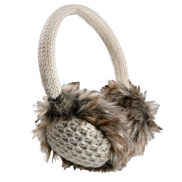 The Hand Knit Linda Earmuffs feature a handmade cream knitted headband and faux fur-covered ear pads in brown and gray, offering both warmth and comfort.