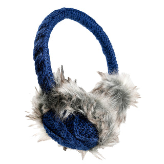 The Linda Earmuffs feature a blue knitted band and ear coverings with gray faux fur trim around the ears, displayed against a white background.