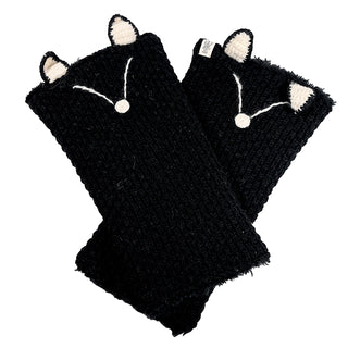 A pair of Fox Legwarmers in black knit, styled to resemble fox paws, featuring small cream-colored ears and simple white embroidered face details.